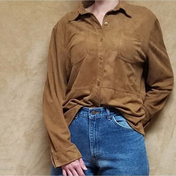 VINTAGE 90s JNY Camel Faux Suede Button Up Top - Picture 2 of 11